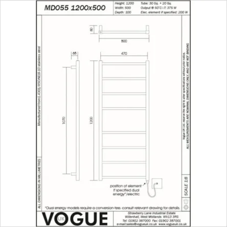 Vogue Ideal Towel Radiator Dual Energy - Polished Stainless Steel 1200X500 detail view - Image 3