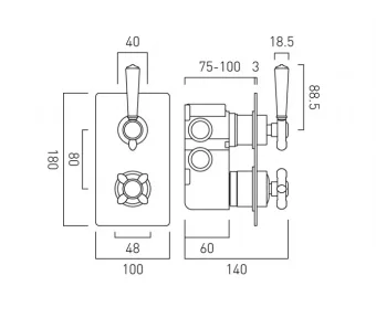 Booth & Co. 2 Outlet, 2 Handle Concealed Thermostatic Valve Chrome & White technical drawing - Image 2