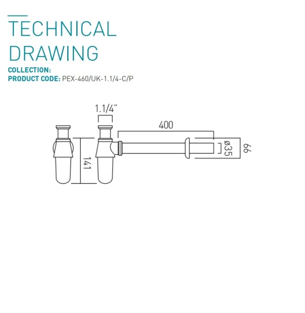 Vado Axces Bottle Trap 1.1/4" X 1.1/4" Chrome technical drawing - Image 4