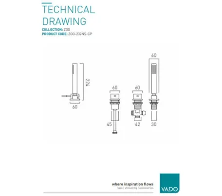 Vado Zoo 3 Hole Bath Shower Mixer Single Lever Deck Mounted Without Spout For Use With Bath Filler Waste And Overflow Chrome technical drawing - Image 2