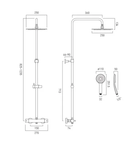 Vado Individual Nebula Adjustable Thermostatic Round Shower Column Brushed Nickel technical drawing - Image 2