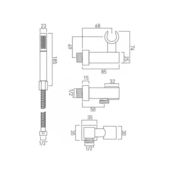 Vado Mix Single Function Mini Shower Kit With 150cm Shower Hose And Bracket With Integrated Outlet Chrome technical drawing - Image 3