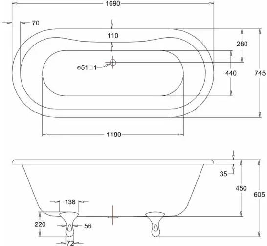 Burlington Windsor Double Ended Bath 1700 X 750mm technical drawing - Image 2