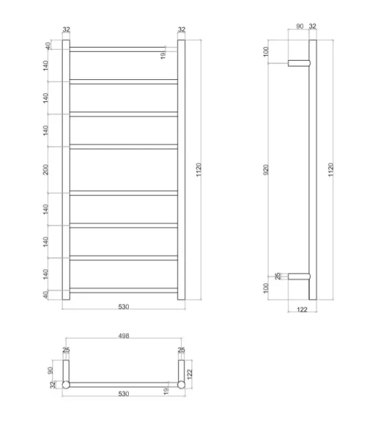Thermosphere Heated Towel Rail 1120 X 530mm technical drawing - Image 2
