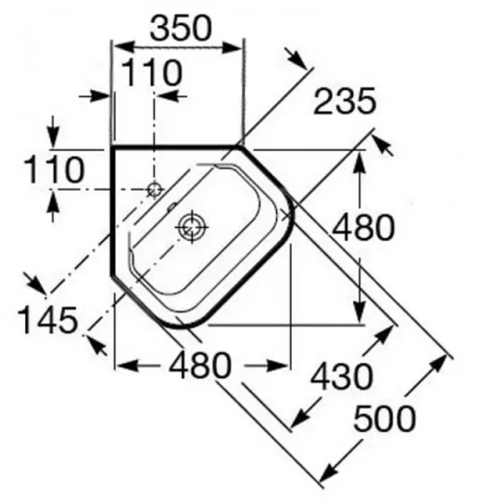 Roca The Gap Corner Wall Hung Basin 480 X 480mm - 1 Taphole technical drawing - Image 2