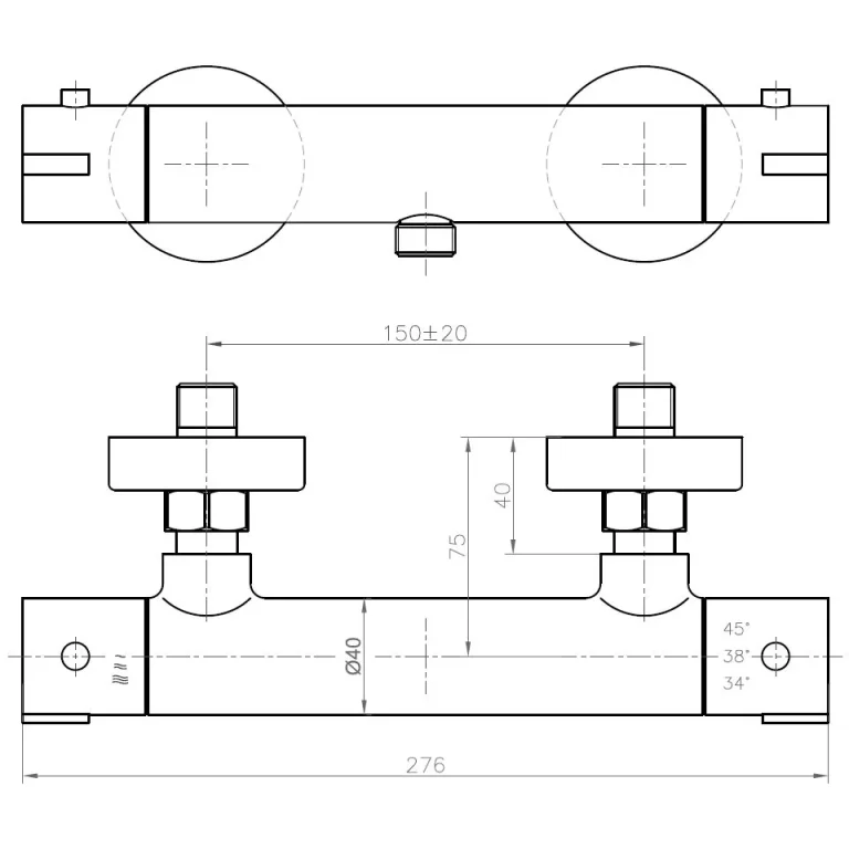 Saneux Cos 1 Way Thermostatic Bar Valve - Chrome technical drawing - Image 2