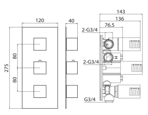 Saneux Tooga 3 Way Handle & Plate Finish Kit (for To221) - Chrome technical drawing - Image 2