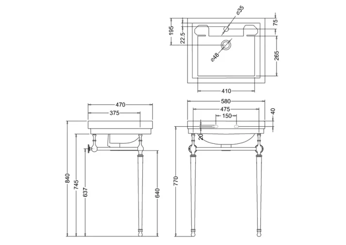 Burlington Contemporary Basin 58cm 2th technical drawing - Image 2
