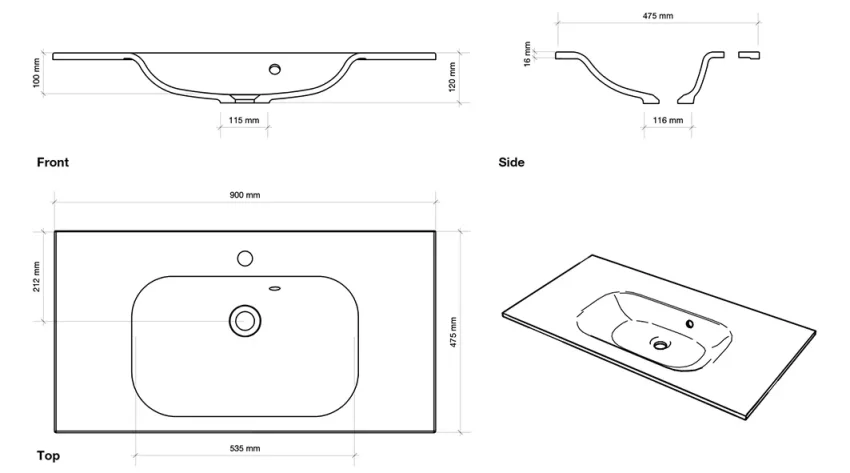 Faeber Infinite M1 Pearl 900mm Single Central Furniture Basin White Matt technical drawing - Image 2