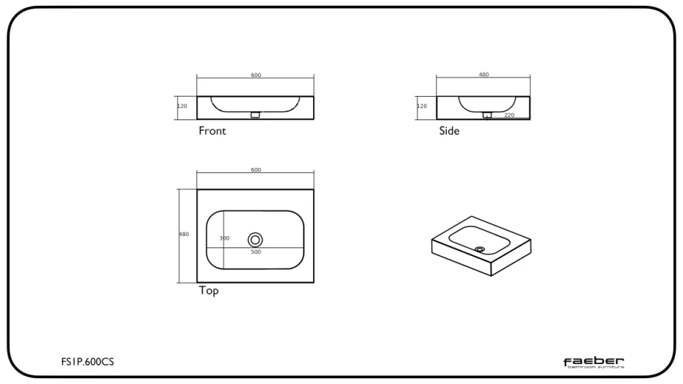 Faeber Infinite S1 Pearl 600mm Single Central Wall Hung Basin White Matt technical drawing - Image 2