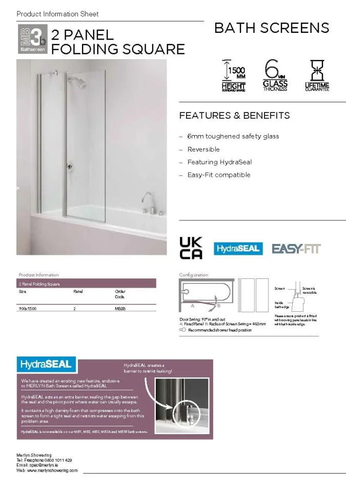 Merlyn Two Panel Square Bathscreen 900 X 1500mm technical drawing - Image 4