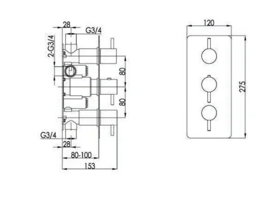 Just Taps Vos Thermostatic Concealed 2 Outlet Shower Valve Brushed Brass technical drawing - Image 2