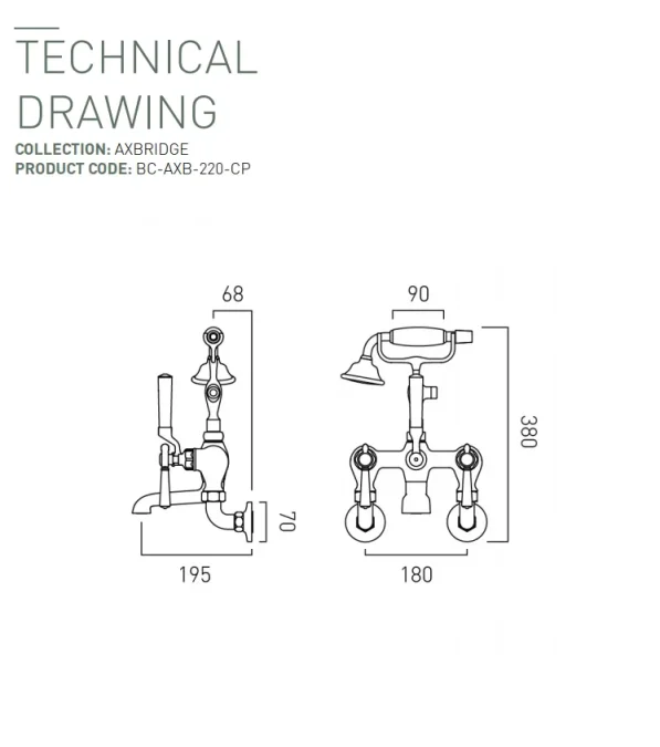 Booth & Co. Wall Mounted Bath Shower Mixer With Shower Kit Chrome & White technical drawing - Image 2