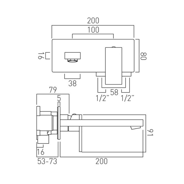 Vado Individual Notion Wall Mounted Single Lever Basin Mixer With Rectangular Backplate Brushed Black technical drawing - Image 2