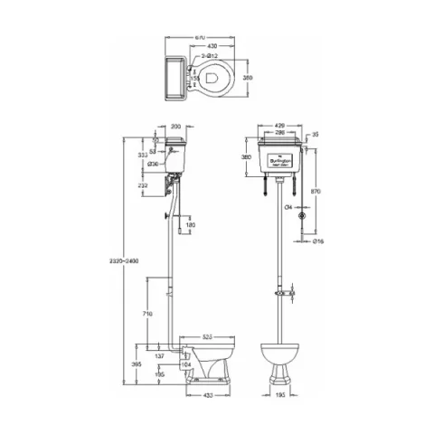 Burlington High Level Flush Pipe Kit With Rod - Chrome technical drawing - Image 2
