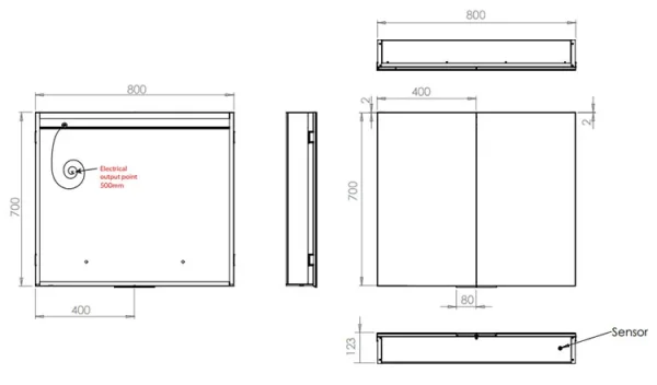 Hib Ether 80 Steam Free Cabinet W80 X H70 X D12.2cm technical drawing - Image 2