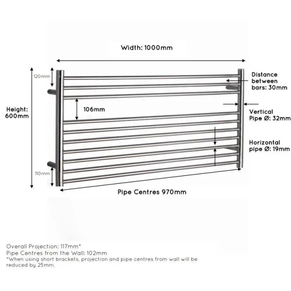 Jis Newick 1000 600 X 1000mm Radiator For Electric Heating Satin Stainless Steel detail view - Image 3