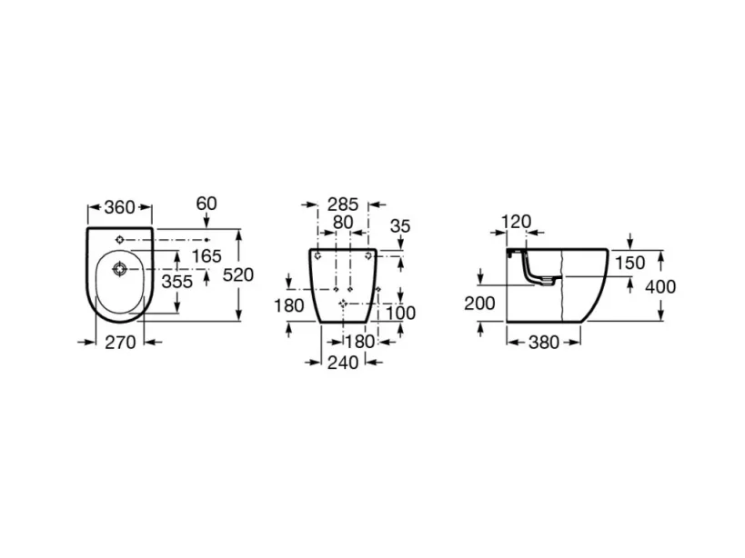 Roca Meridian-n Compact Floor-standing Bidet - 1 Taphole technical drawing - Image 2