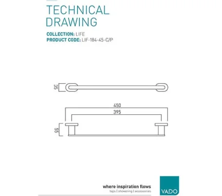 Vado Life Towel Rail 450mm (18'') Chrome technical drawing - Image 2