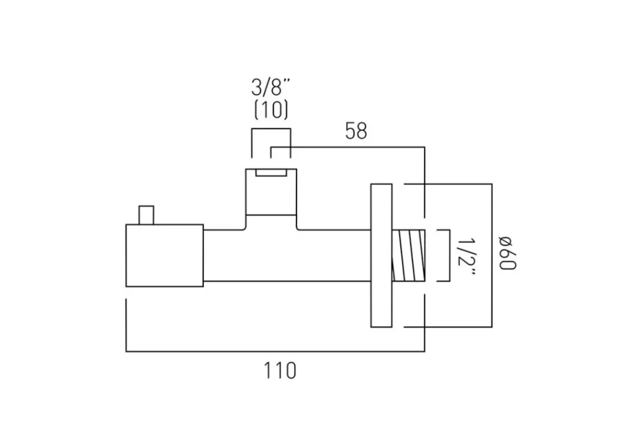 Vado Axces Angle Valve Wall Mounted Quarter Turn 1/2" X 3/8 (10mm Compression) Including Integral Filter Chrome technical drawing - Image 2