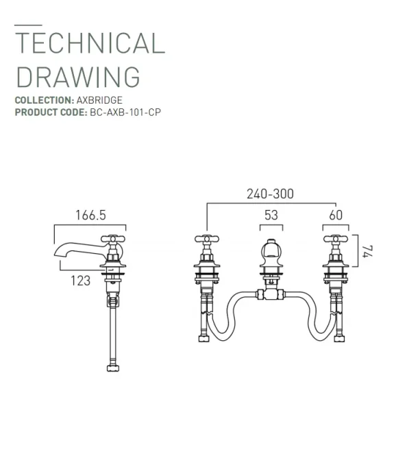 Booth & Co. 3 Hole Basin Mixer With Pop-up Waste Chrome & White technical drawing - Image 2