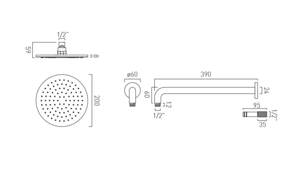 Vado Nebula 200mm Round Single Function Shower Head With Arm Chrome technical drawing - Image 2