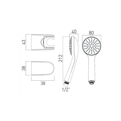 Vado Eris Round Single Function Mini Shower Kit With 150cm Shower Hose And Bracket Chrome technical drawing - Image 2