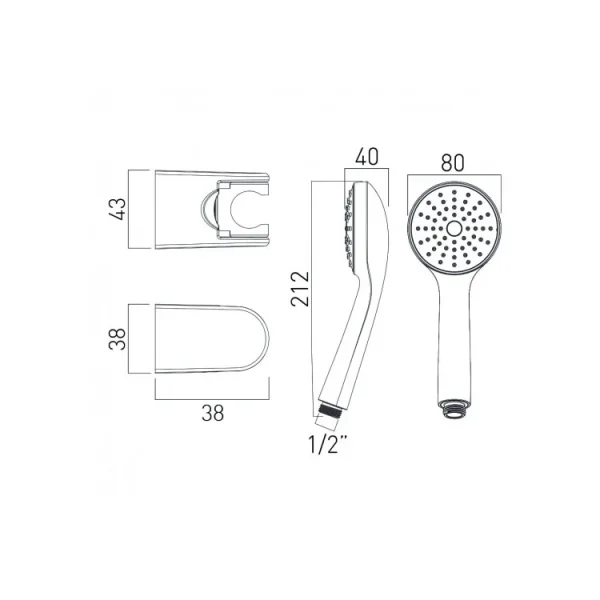 Vado Eris Round Single Function Mini Shower Kit With 150cm Shower Hose And Bracket Chrome technical drawing - Image 2