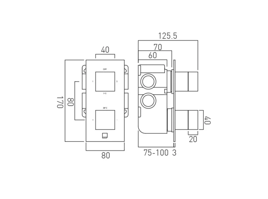 Vado Individual Tablet Notion Vertical Concealed 2 Outlet, 2 Handle Thermostatic Valve With All-flow Function Brushed Black technical drawing - Image 2