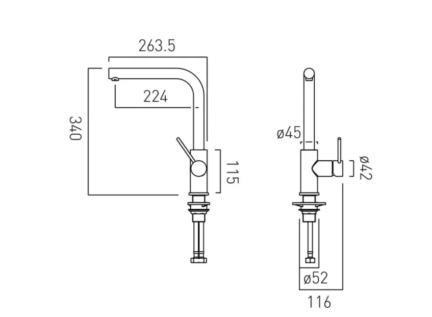 Vado Camber Mono Kitchen Mixer Deck Mounted Chrome technical drawing - Image 2