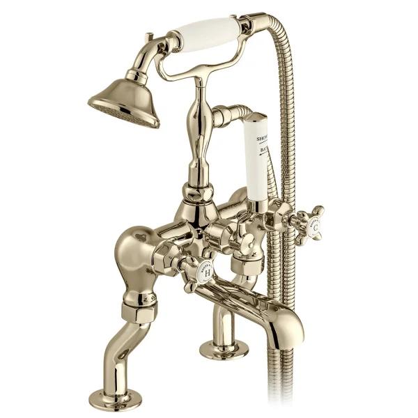 Booth & Co. Deck Mounted Bath Shower Mixer With Shower Kit Nickel & Crackled White