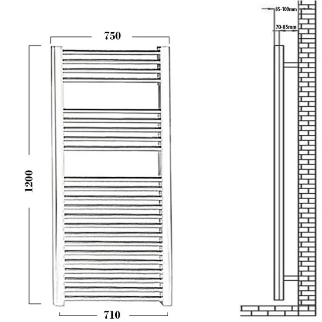 Reina Diva 750 X 1200 Towel Radiator Chrome Flat technical drawing - Image 4