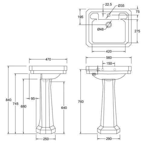 Burlington Victorian Basin 56cm 1th technical drawing - Image 2