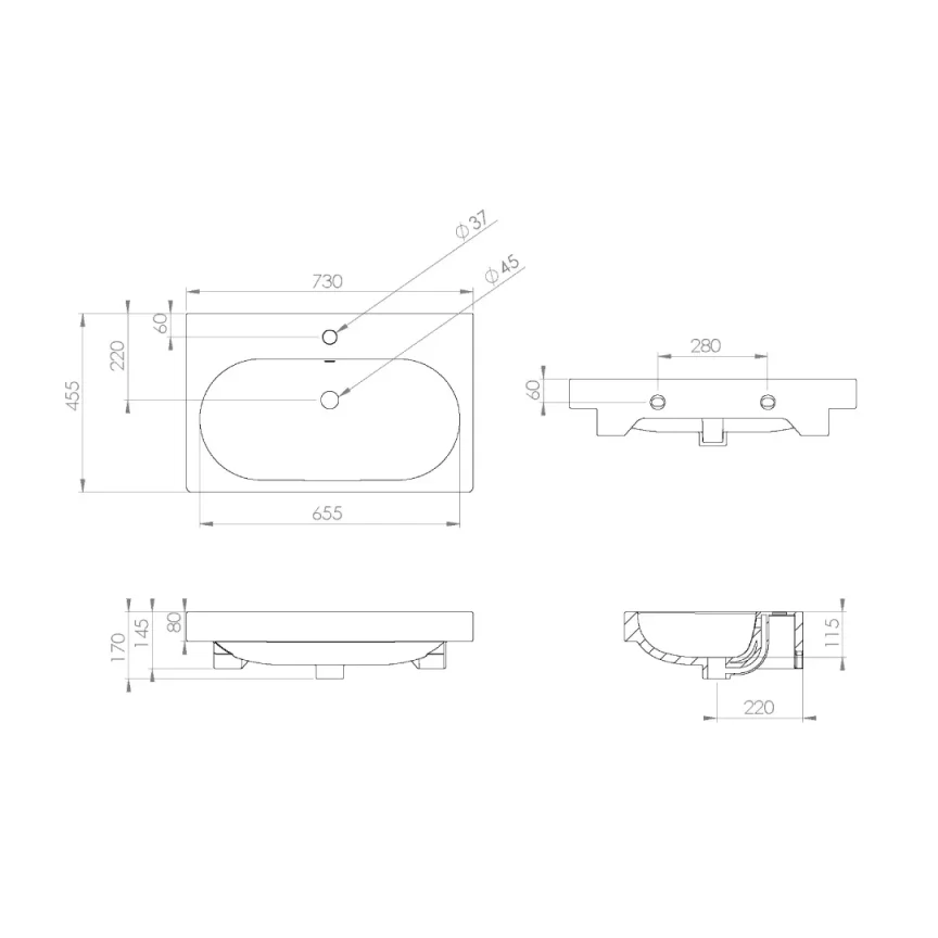 Saneux Austen 73x45cm Washbasin 1th detail view - Image 2