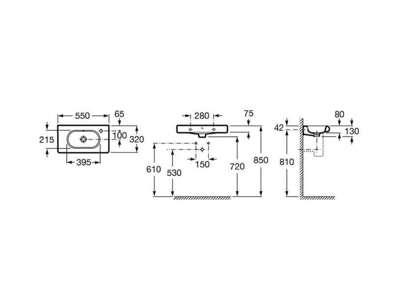 Roca Meridian-n Compact Wall Hung Basin 550 X 320mm 1 Right-hand Taphole technical drawing - Image 2