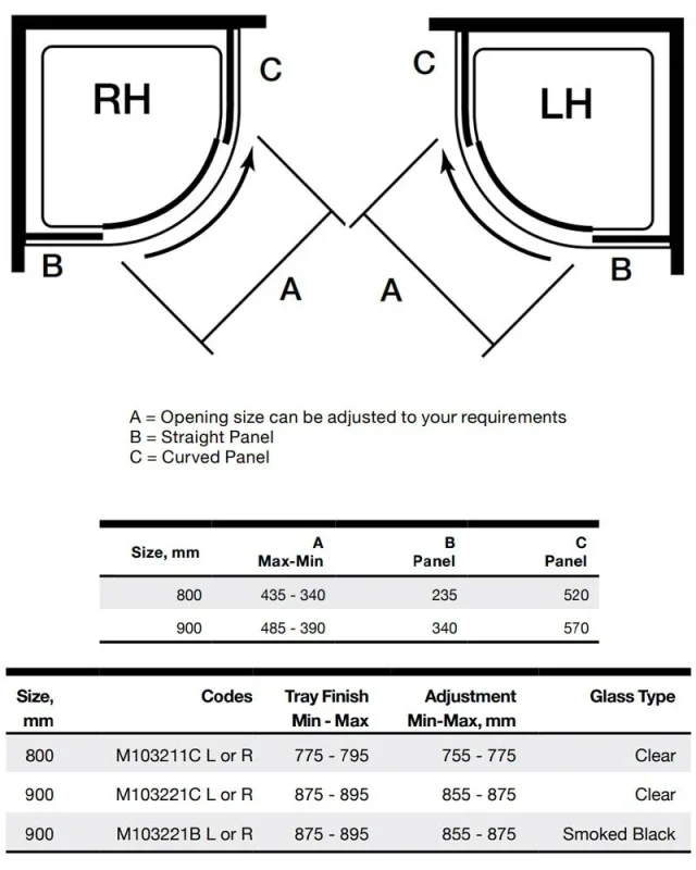 Merlyn 10 Series 1 Door Quadrant Right Hand 900mm technical drawing - Image 2