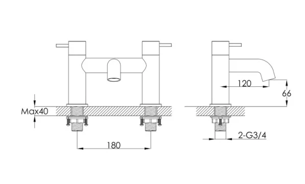 Just Taps Vos Deck Mounted Bath Filler Matt Black technical drawing - Image 2
