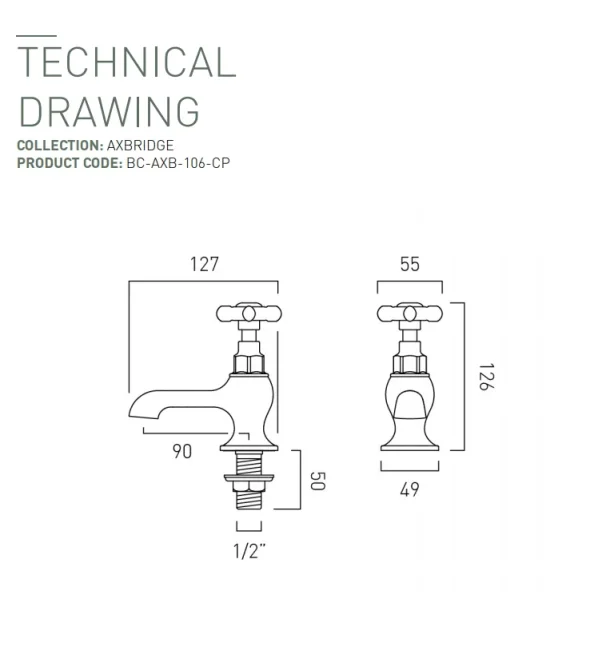 Booth & Co. Basin Pillar Taps Chrome & White technical drawing - Image 2