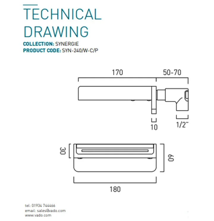 Vado Synergie Waterfall Bath Spout Wall Mounted Chrome technical drawing - Image 2