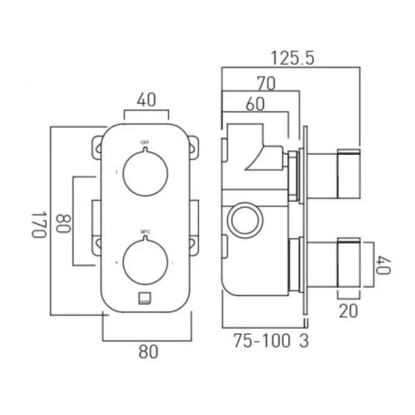 Vado Tablet Altitude 1 Outlet 2 Handleconcealed Thermostatic Valve Vertical Chrome technical drawing - Image 4