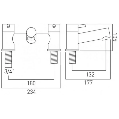 Vado Zoo 2 Hole Bath Filler Deck Mounted Chrome technical drawing - Image 3