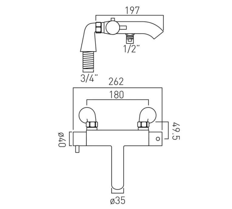 Vado Celsius Exposed Pillar Mounted Thermostatic Bath Shower Mixer Without Shower Kit Chrome technical drawing - Image 2