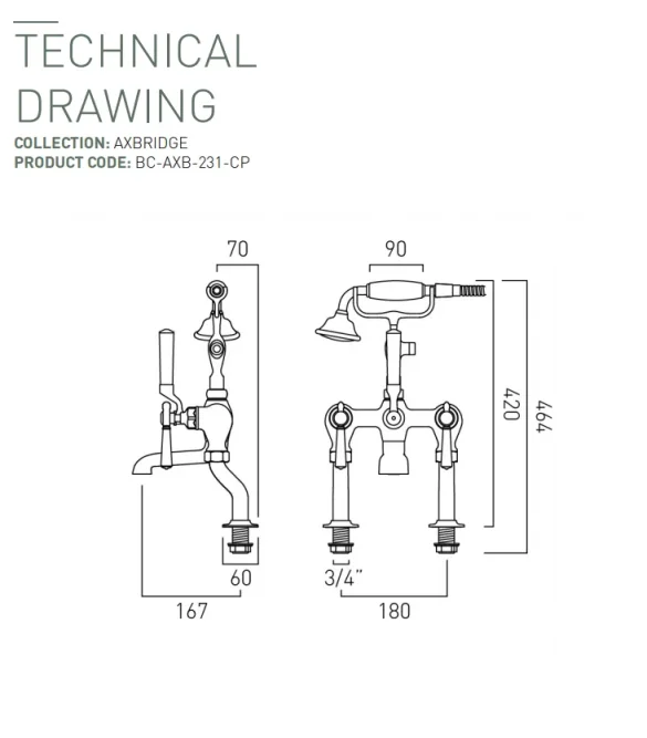 Booth & Co. Deck Mounted Bath Shower Mixer With Shower Kit Chrome & White technical drawing - Image 2