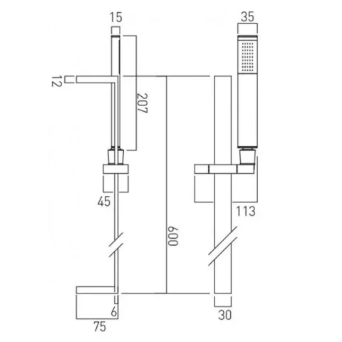 Vado Instinct Slide Rail Shower Kit With Single-function Rub-clean Shower Handset, 600mm Slide Rail And 150cm Shower Hose Chrome technical drawing - Image 3