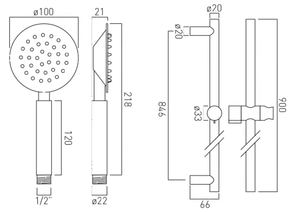 Vado Aquablade Slide Rail Shower Kit With Round Single-function All Metal Rub-clean Shower Handset With Cool Touch Handle, 900mm Slide Rail With Twist Control And 150cm Shower Hose Chrome technical drawing - Image 2
