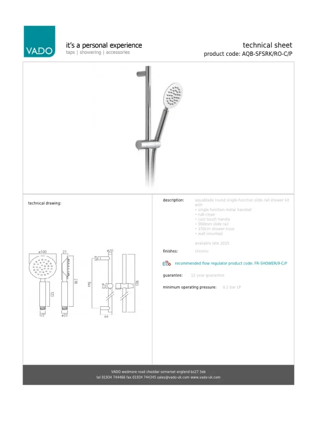Vado Aquablade Slide Rail Shower Kit With Round Single-function All Metal Rub-clean Shower Handset With Cool Touch Handle, 900mm Slide Rail With Twist Control And 150cm Shower Hose Chrome detail view - Image 3