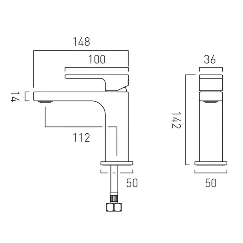 Vado Slim Life Mono Basin Mixer Smooth Bodied Single Lever Deck Mounted Without Universal Waste Chrome technical drawing - Image 2