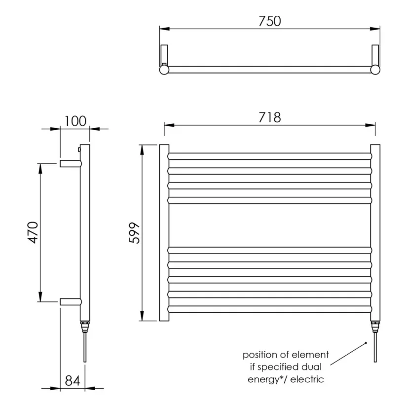 Vogue Pearl Towel Radiator Dual Energy - Polished Stainless Steel 600X750 technical drawing - Image 3