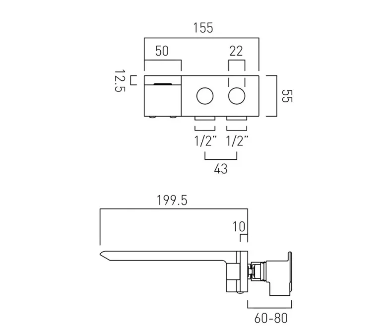 Vado Omika Wall Mounted Basin Mixer Chrome technical drawing - Image 2