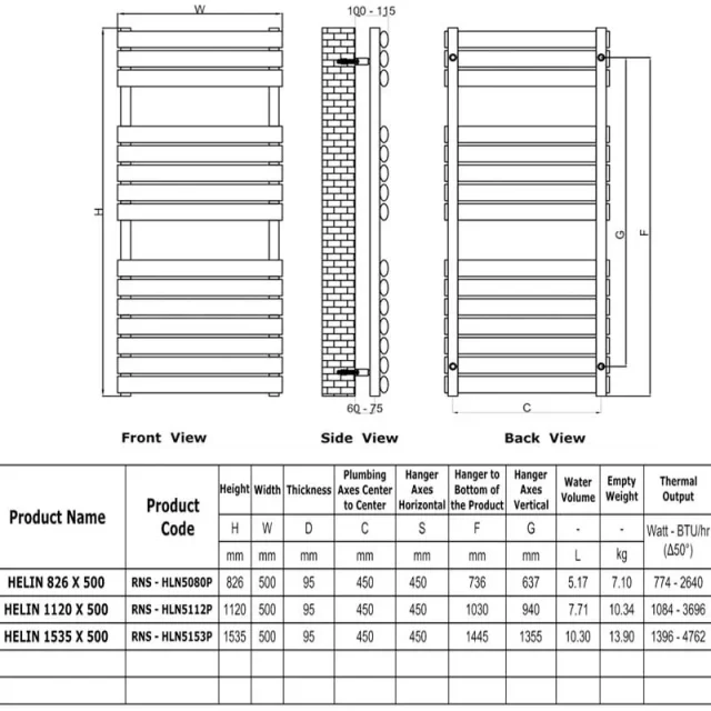 Reina Helin 500 X 1535 Polished Stainless Steel Towel Radiator technical drawing - Image 4